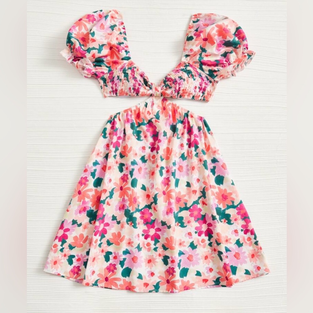 Floral Print Cut Out Waist & Puff Sleeve Dress